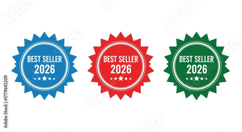 A versatile set of Best Seller 2026 award badges in red, blue, and green. Starburst seal icons for celebrating commercial success and achievements