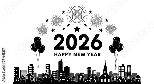 Happy New Year 2026 City Celebration with Fireworks and Balloons