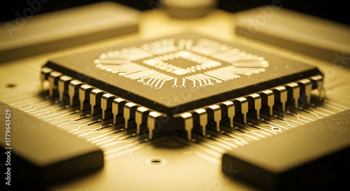 Golden Core of Technology: An up-close view reveals the intricate architecture of a central processing unit (CPU), a golden-hued component.