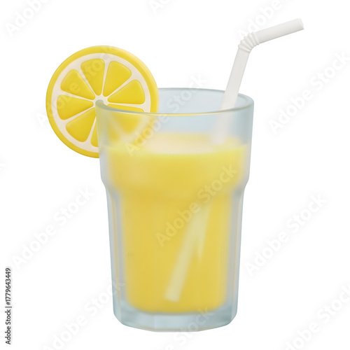 3d icon of glass of fresh lemonade with lemon slice isolated on transparent background