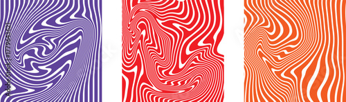 Three abstract vertical panels with wavy striped patterns in purple red and orange