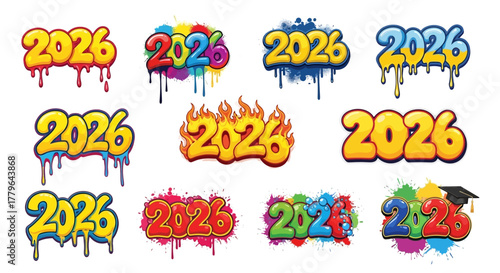 Graffiti-style number '2026' in multiple colorful designs, some with dripping paint, flames, and splatters, celebrating the upcoming year
