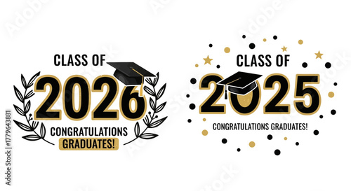 Celebratory vector logo set for the graduating class of 2025 and 2026 featuring mortarboard caps, laurel wreaths, and festive stars