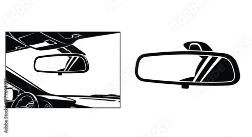 Black and white illustration depicting a car rearview mirror and its symbol