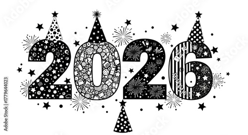 A festive black and white illustration celebrating the arrival of 2026, featuring stylized numbers, party hats, sparkling stars, and cheerful New Year patterns
