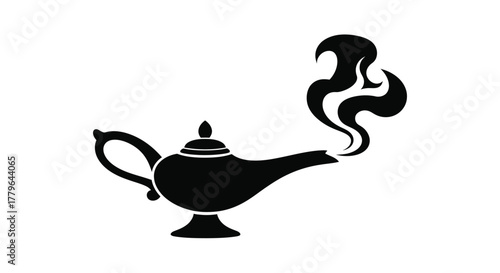 A black silhouette of a magic lamp with swirling smoke rising