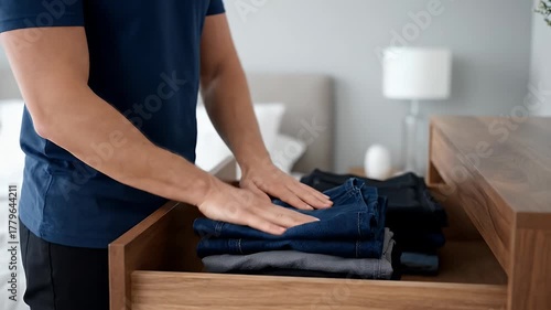 Organizing Clothes: A Man Folds Jeans and Places Them in a Drawer.