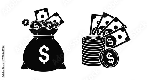 Black and white illustration depicting money bags stacks and coins