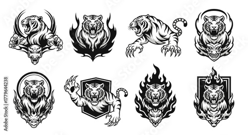 Konstfotografi Collection of stylized tiger illustrations showcasing various poses and fierce expressions