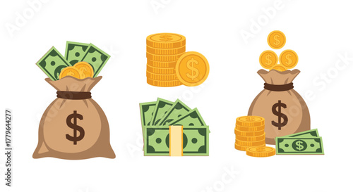 Illustrative depiction of money stacks coins and bags for financial concepts
