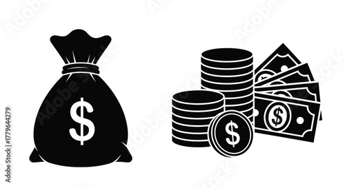 Black and white illustration depicting money bag coins and banknotes