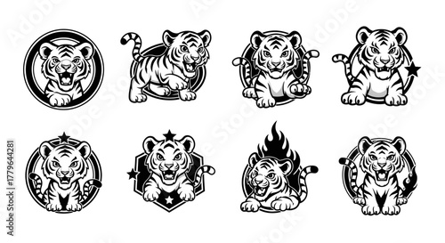 Collection of eight tiger cub illustrations in black and white, each with a unique design and pose.