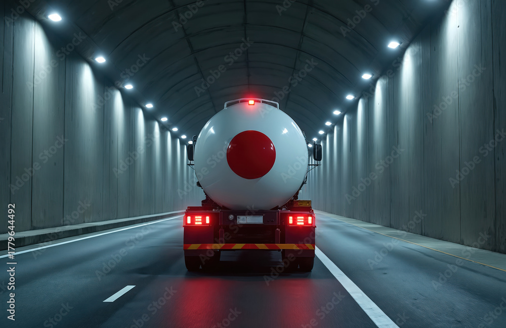 Fototapeta premium Tanker truck with red circle drives through illuminated tunnel at night. Vehicle transports dangerous goods on a dark road. Heavy cargo moves through underground passage.