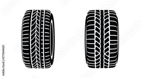 Two black and white tire illustrations positioned side by side