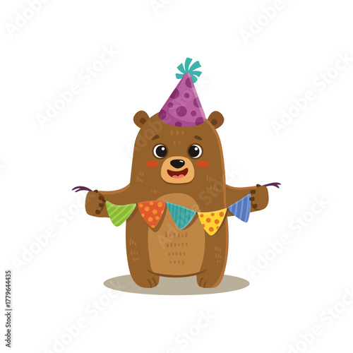 Cute cartoon bear with birthday decoration. Teddy bear in flat style for greeting card, book, activity page. Happy birthday postcard. Vector illustration