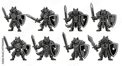 Eight wolf warriors in armor stand ready with swords and shields, showcasing different poses and armor designs.