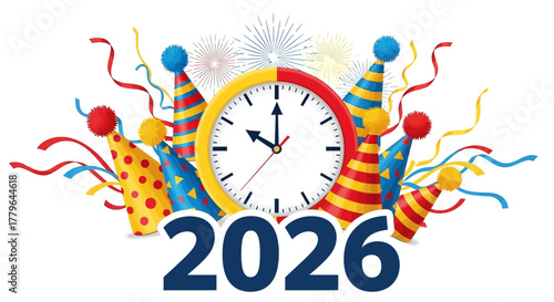 Celebrate 2026 New Year's Countdown with Party Hats and Clock
