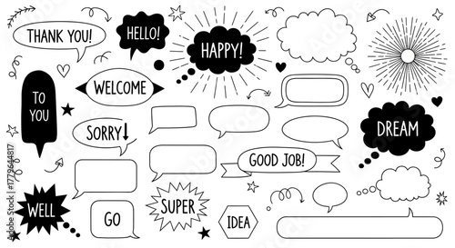 Hand-drawn doodle speech bubble collection with comic text elements for messages, greetings, and happy announcements for the year 2026