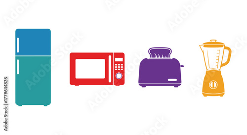 A colorful illustration depicting common kitchen appliances in a simple style