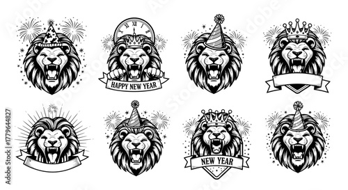 Collection of stylized lion illustrations, each adorned with celebratory accessories and banners.