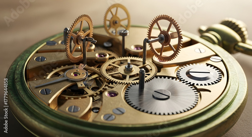 Precision of Time: A close-up view unveils the intricate mechanisms of a vintage pocket watch, where a complex arrangement of gears and cogs interlocks, embodying the essence of timeless accuracy.