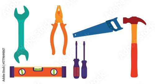 A colorful collection of hand tools for home repair and construction