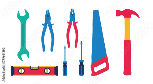 Colorful hand tools collection including wrenches pliers and a hammer