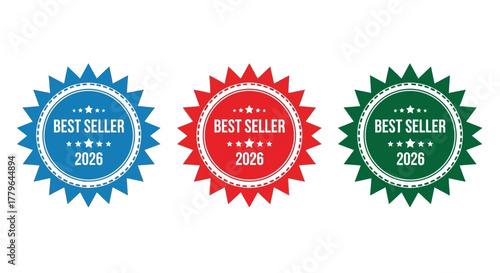Best Seller Badges for 2026 Set of Three Colorful Vector Icons for Product Promotion and Sales
