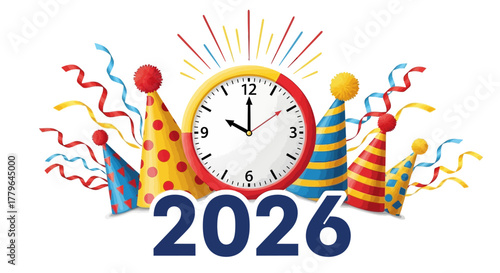 Celebrating New Year 2026 Party Hats, Clock Countdown, and Festive Decorations