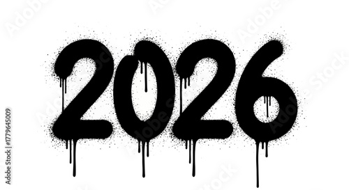 Happy New Year 2026 greeting in a black graffiti spray paint style. Urban street art typography with dripping ink effect for posters and celebration