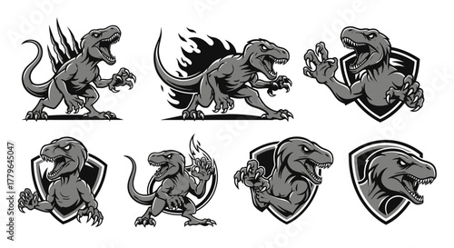 Collection of cartoon dinosaur illustrations in various poses, including attacking, roaring, and displaying claws.
