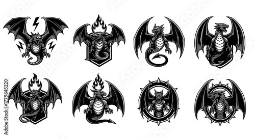 Collection of stylized dragon illustrations, each with unique poses and embellishments, in black and white.