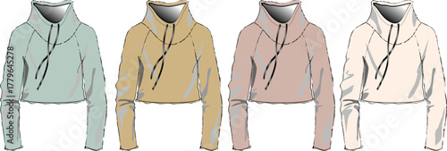 Fashion sketch of four cropped hoodies in different pastel colors, showcasing trendy apparel design