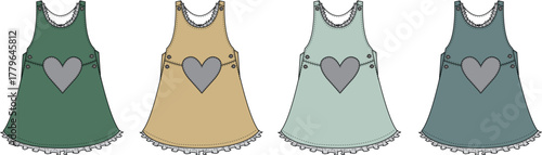 A vector collection of cute sleeveless dresses for little girls, featuring a heart applique and lace hem. Set of four children's summer fashion apparel items in different colors