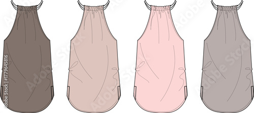 Collection of four halter neck dresses in various neutral and pastel shades displayed flat