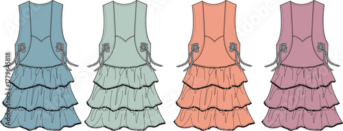 A collection of fashion flat sketches showcasing a women's vintage-style tiered ruffle dress. Vector illustration template set in four colorways for apparel design