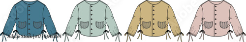 A technical flat drawing set of a casual collarless jacket with tie details shown in four different color variations