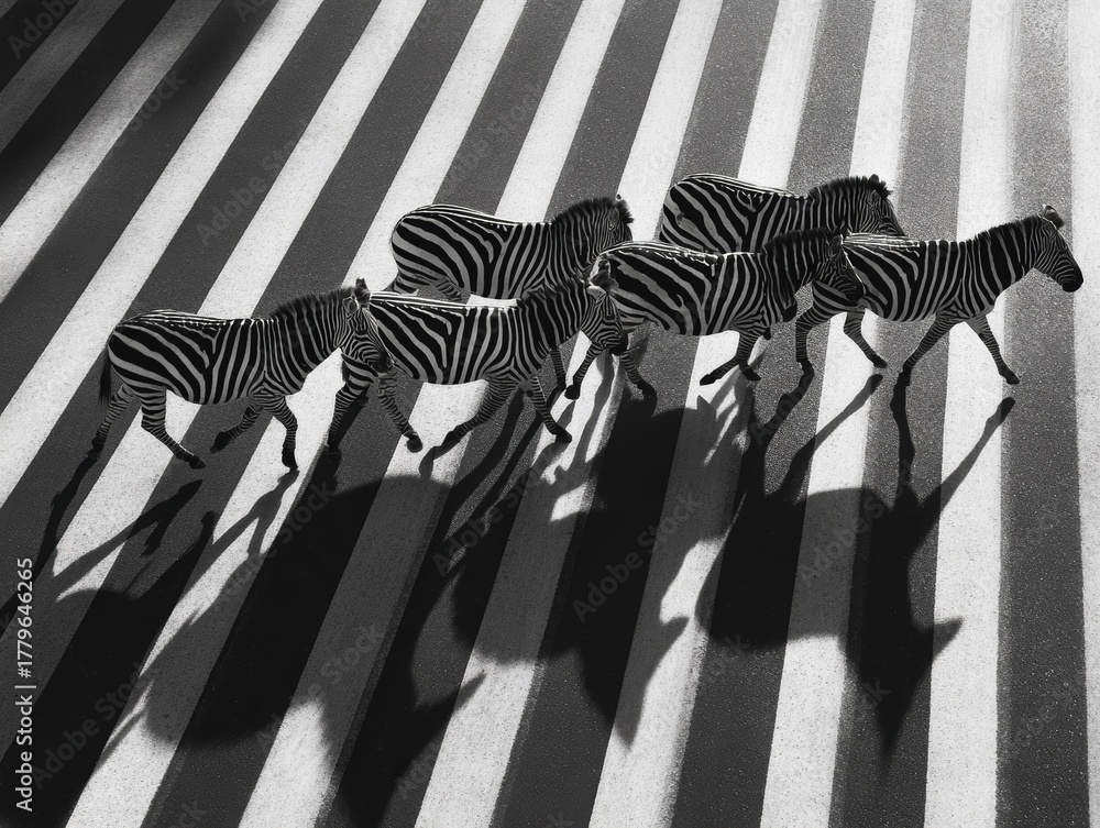 Obraz premium Herd of zebras running on graphic black and white stripes, abstract animal group, high contrast photo. Diagonal lines, top-down perspective, movement and rhythm concept