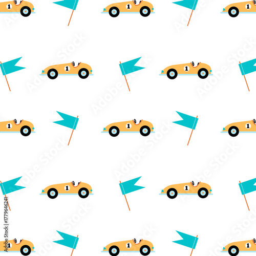 Bright children's pattern with racing cars and flags. Perfect for children's textiles and packaging.
