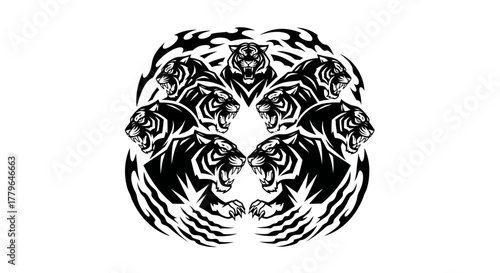 A stylized circular design featuring multiple roaring tiger illustrations.