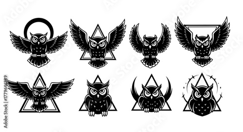 Collection of stylized owl illustrations in various poses, with geometric elements.