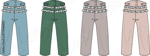 Four pairs of pajama bottoms in different colors blue, green, gray, and pink, featuring ruffles at the waist