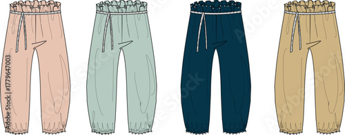 Collection of comfortable, loose-fitting drawstring pants in a palette of soft colors, ideal for relaxed loungewear, cozy sleepwear, or casual daily fashion. Effortless style and comfort