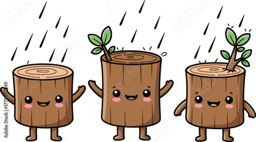 Cartoon tree stumps, cute characters, plant growth stages, rain nurturing illustration, flat vector art, happy faces, eco friendly design, CAD drawing