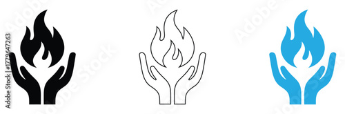 Protecting the Flame Abstract Concepts Featuring Hands Holding Fire in Black, Outline, and Blue Colors for Business Power, Passion, and Energy Needs