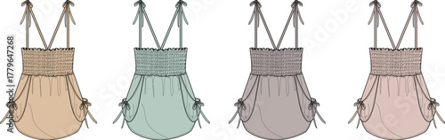 Collection of flat sketch illustrations showcasing various pastel-colored strappy smocked tops, ideal for fashion design and apparel pattern development projects