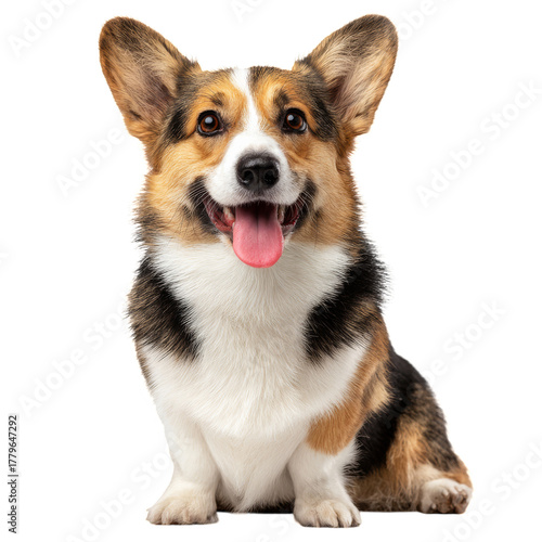 Corgi Dog Poses Happily With Bright Smile on a White Background During a Sunny Day.