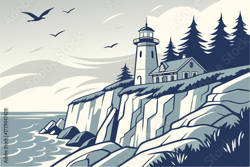 “Acadia coastal cliffs and lighthouse, nautical tones”
