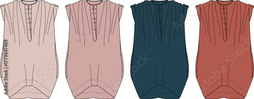 Technical flat fashion sketch illustration of a women's relaxed fit dress design presented in a diverse palette of four stylish solid colors for apparel development