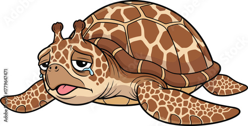 Cartoon turtle with giraffe patterned shell, sad emotional hybrid animal character, fantasy creature design, unique artwork, cad drawing flat vector illustration